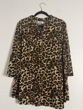 BEPEI Women's 2XL Leopard Print Tunic with Half-Zip Relaxed Fit Flowy